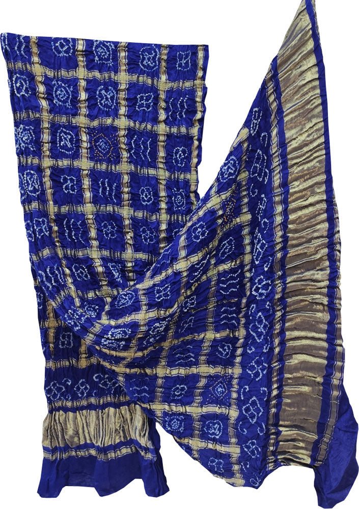 Blue Checks Bandhani Pure Gajji Silk Tissue Border Dupatta