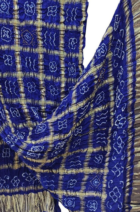 Blue Checks Bandhani Pure Gajji Silk Tissue Border Dupatta - Luxurion World