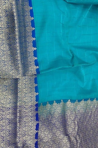 Blue Checks Handloom Banarasi Pure Kora Silk Saree
