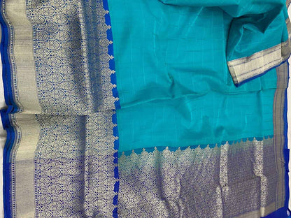 Blue Checks Handloom Banarasi Pure Kora Silk Saree