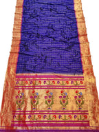 Blue Checks Handloom Paithani Pure Silk Triple Muniya Border Floral Design Saree - Luxurion World