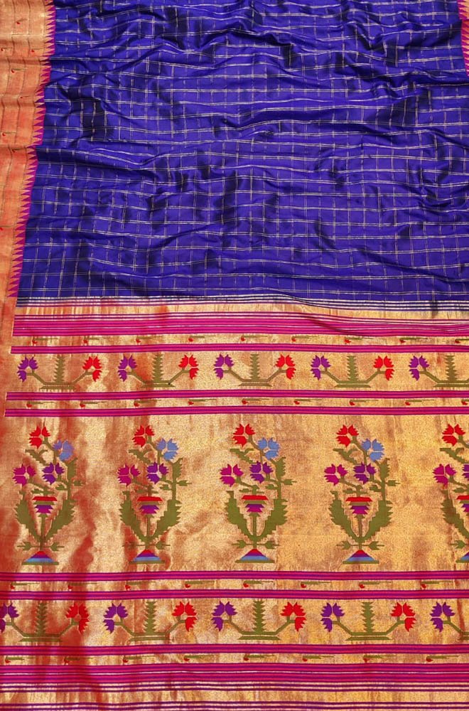 Blue Checks Handloom Paithani Pure Silk Triple Muniya Border Floral Design Saree - Luxurion World