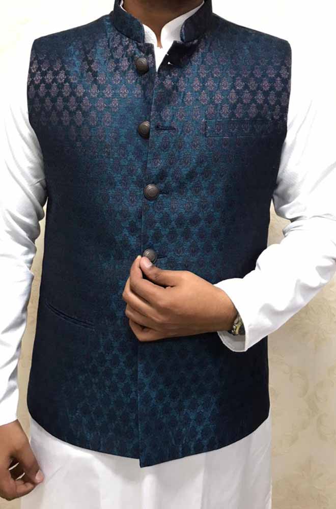 Blue Cotton Silk Nehru Jacket