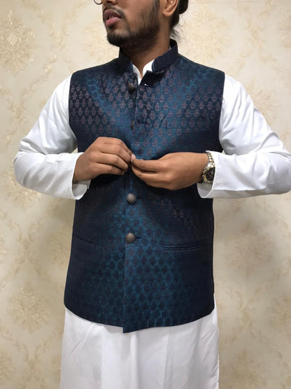 Blue Cotton Silk Nehru Jacket