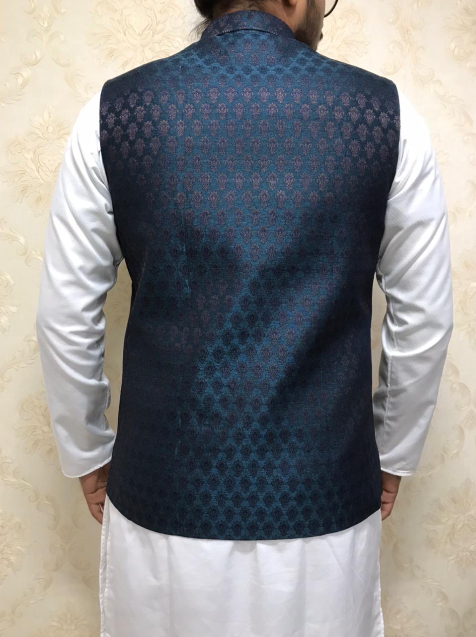 Blue Cotton Silk Nehru Jacket - Luxurion World