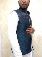 Blue Cotton Silk Nehru Jacket - Luxurion World