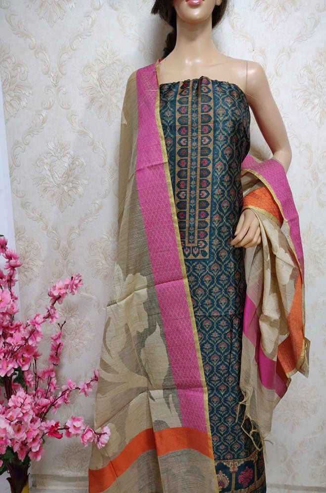 Blue Digital Printed Chanderi Silk Unstitched Kurti With Banarasi Dupatta - Luxurion World