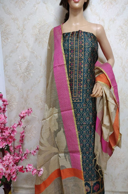 Blue Digital Printed Chanderi Silk Unstitched Kurti With Banarasi Dupatta - Luxurion World