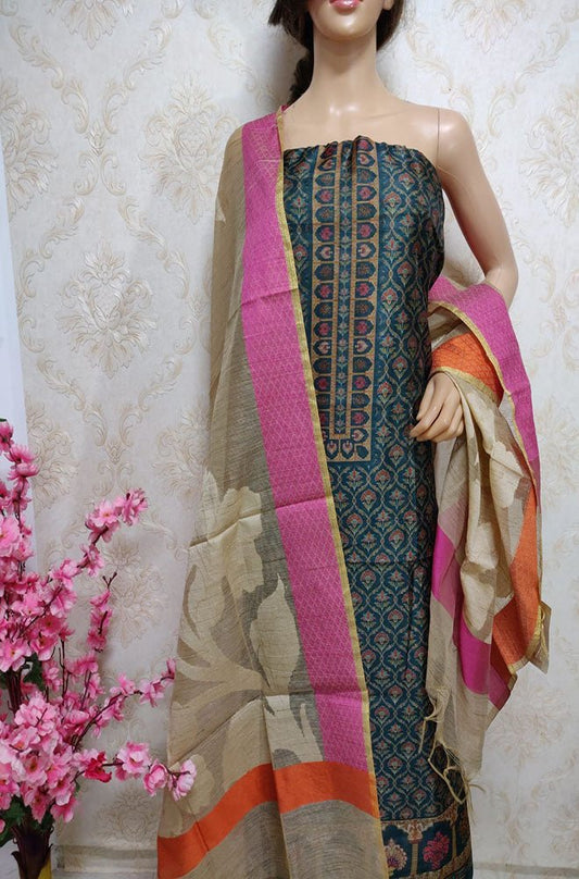 Blue Digital Printed Chanderi Silk Unstitched Kurti With Banarasi Dupatta - Luxurion World