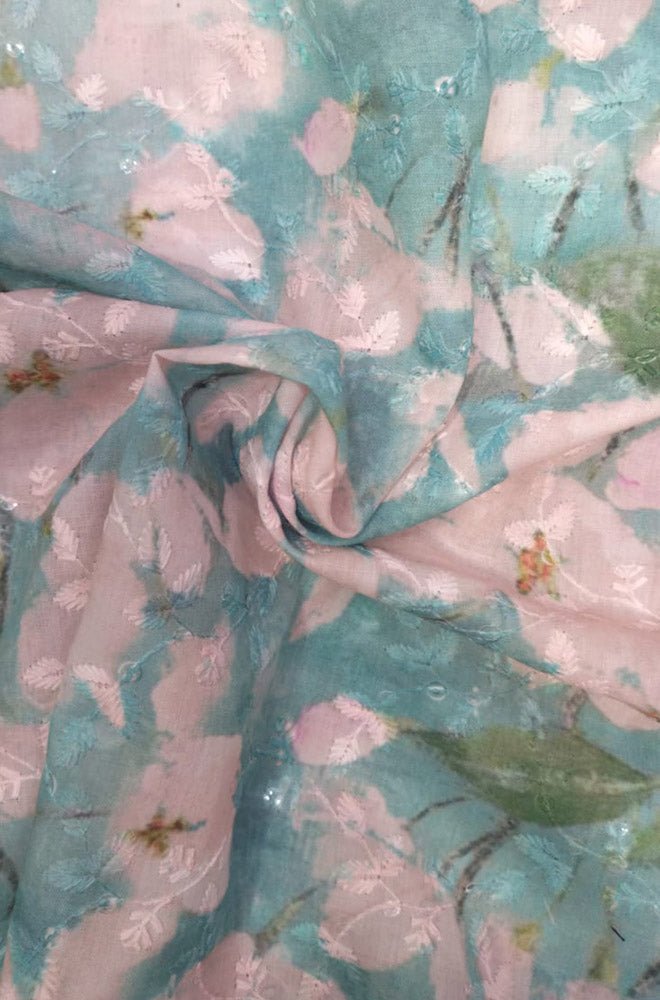 Blue Digital Printed Chikankari Cotton Sequins Work Fabric ( 1 Mtr ) - Luxurion World