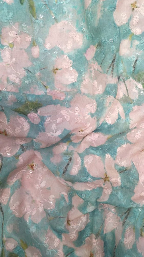 Blue Digital Printed Chikankari Cotton Sequins Work Fabric ( 1 Mtr )