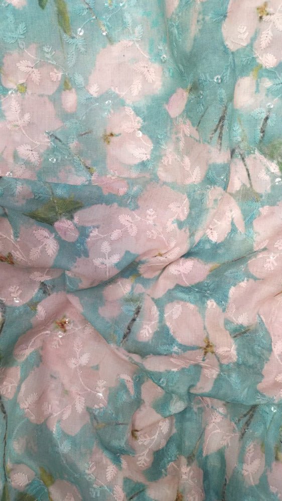 Blue Digital Printed Chikankari Cotton Sequins Work Fabric ( 1 Mtr ) - Luxurion World