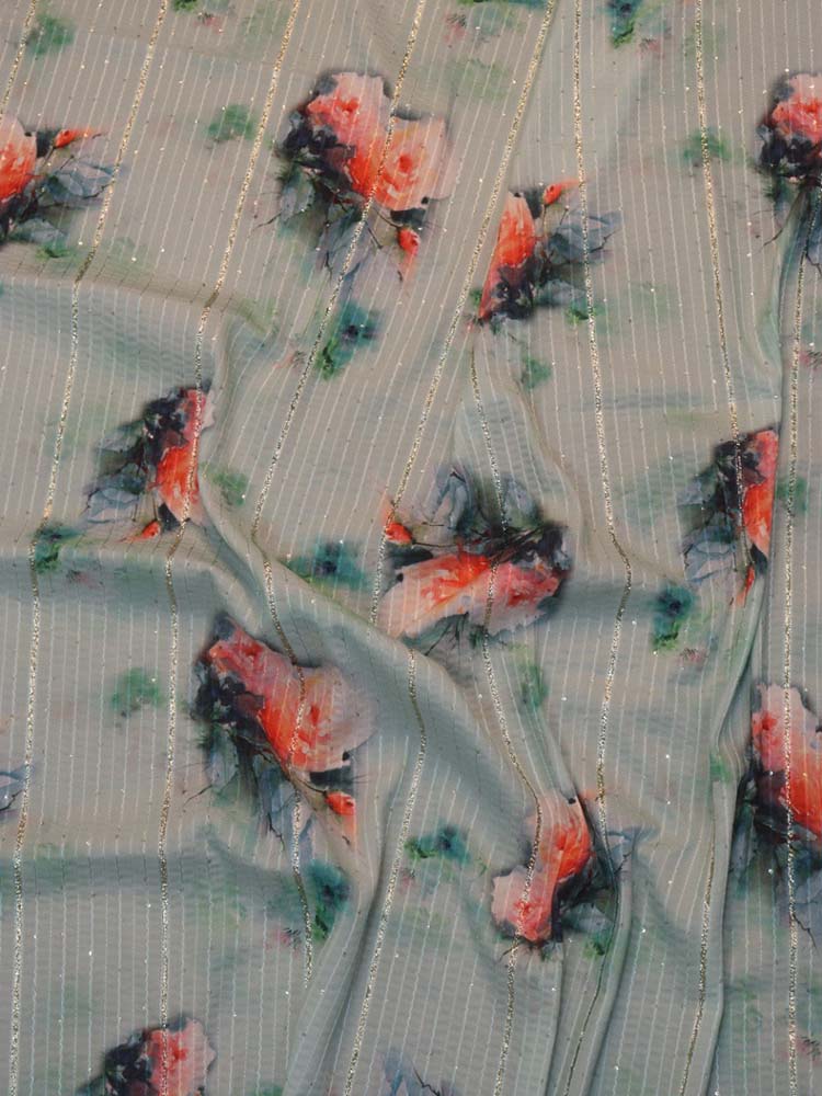Blue Digital Printed Crepe Sequins Work Fabric (1 Mtr) - Luxurion World