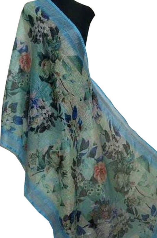 Blue Digital Printed Linen Floral Design Dupatta - Luxurion World
