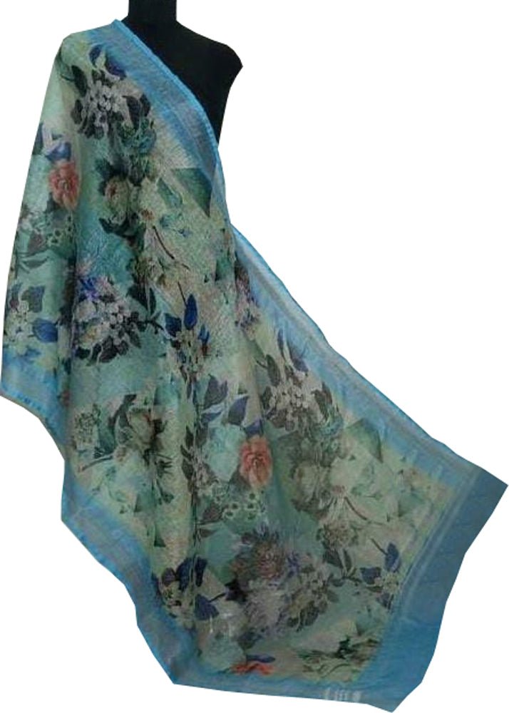 Blue Digital Printed Linen Floral Design Dupatta - Luxurion World