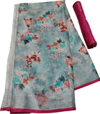 Blue Digital Printed Linen Floral Design Saree - Luxurion World