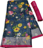Blue Digital Printed Linen Floral Design Saree - Luxurion World