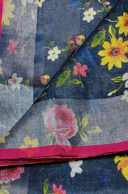 Blue Digital Printed Linen Floral Design Saree - Luxurion World
