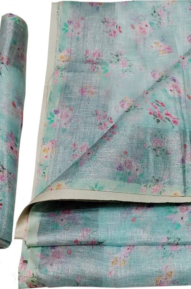 Blue Digital Printed Linen Floral Design Saree - Luxurion World