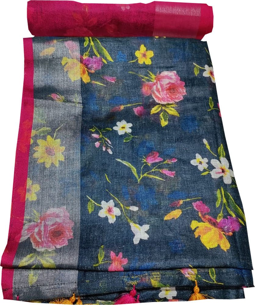 Blue Digital Printed Linen Floral Design Saree - Luxurion World