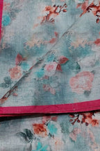 Blue Digital Printed Linen Floral Design Saree - Luxurion World