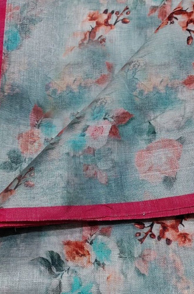 Blue Digital Printed Linen Floral Design Saree - Luxurion World