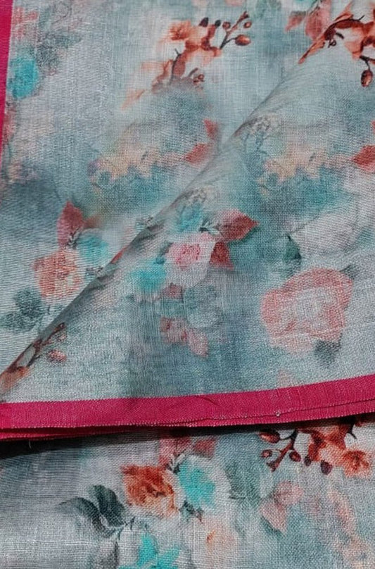 Blue Digital Printed Linen Floral Design Saree - Luxurion World