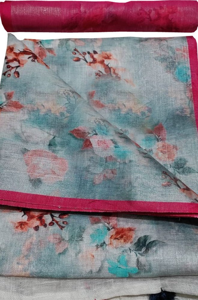 Blue Digital Printed Linen Floral Design Saree - Luxurion World