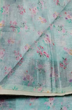 Blue Digital Printed Linen Floral Design Saree - Luxurion World