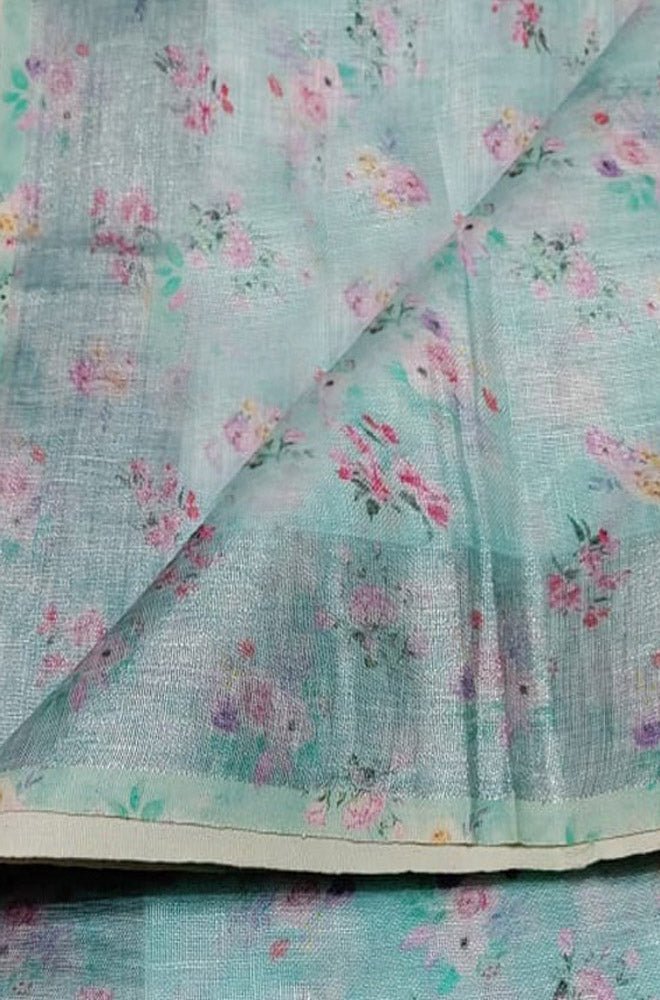 Blue Digital Printed Linen Floral Design Saree - Luxurion World