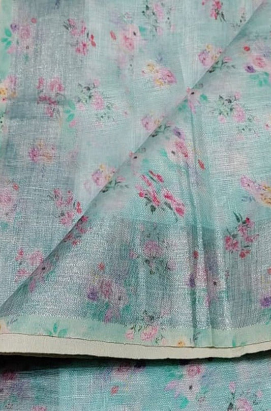 Blue Digital Printed Linen Floral Design Saree - Luxurion World