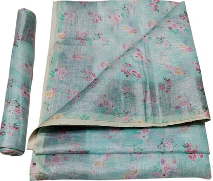 Blue Digital Printed Linen Floral Design Saree - Luxurion World