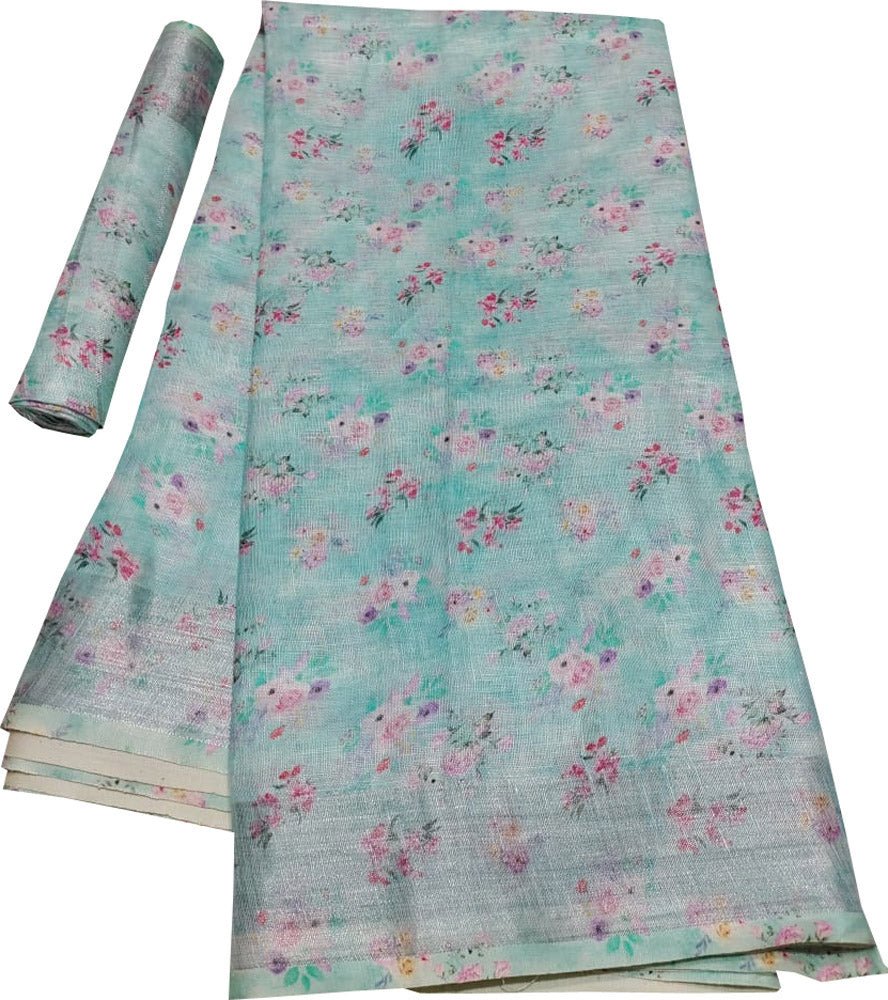 Blue Digital Printed Linen Floral Design Saree - Luxurion World