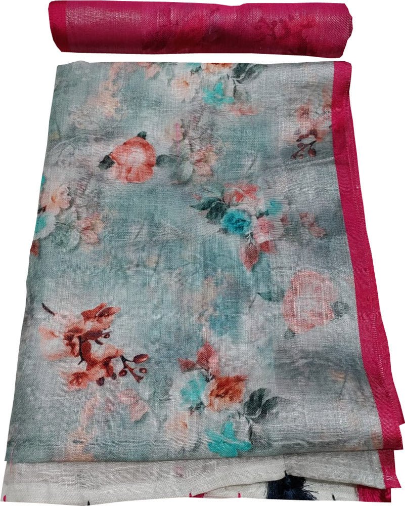 Blue Digital Printed Linen Floral Design Saree - Luxurion World