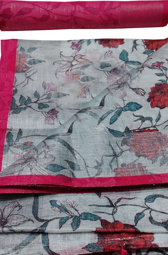 Blue Digital Printed Linen Floral Design Saree - Luxurion World