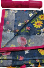 Blue Digital Printed Linen Floral Design Saree - Luxurion World