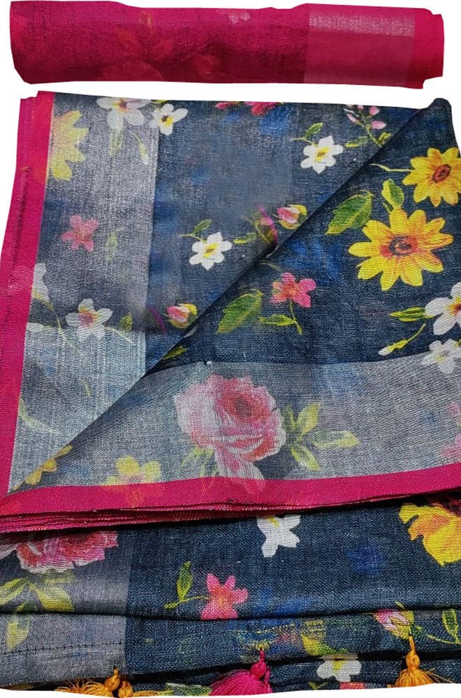 Blue Digital Printed Linen Floral Design Saree - Luxurion World