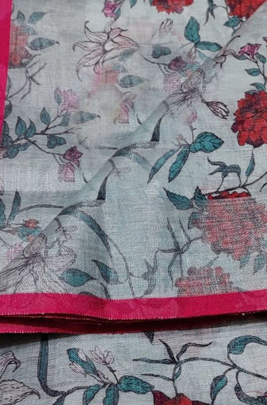 Blue Digital Printed Linen Floral Design Saree - Luxurion World