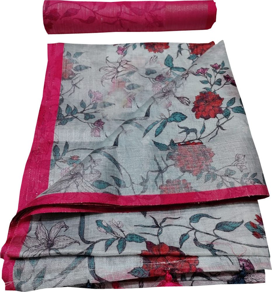 Blue Digital Printed Linen Floral Design Saree - Luxurion World