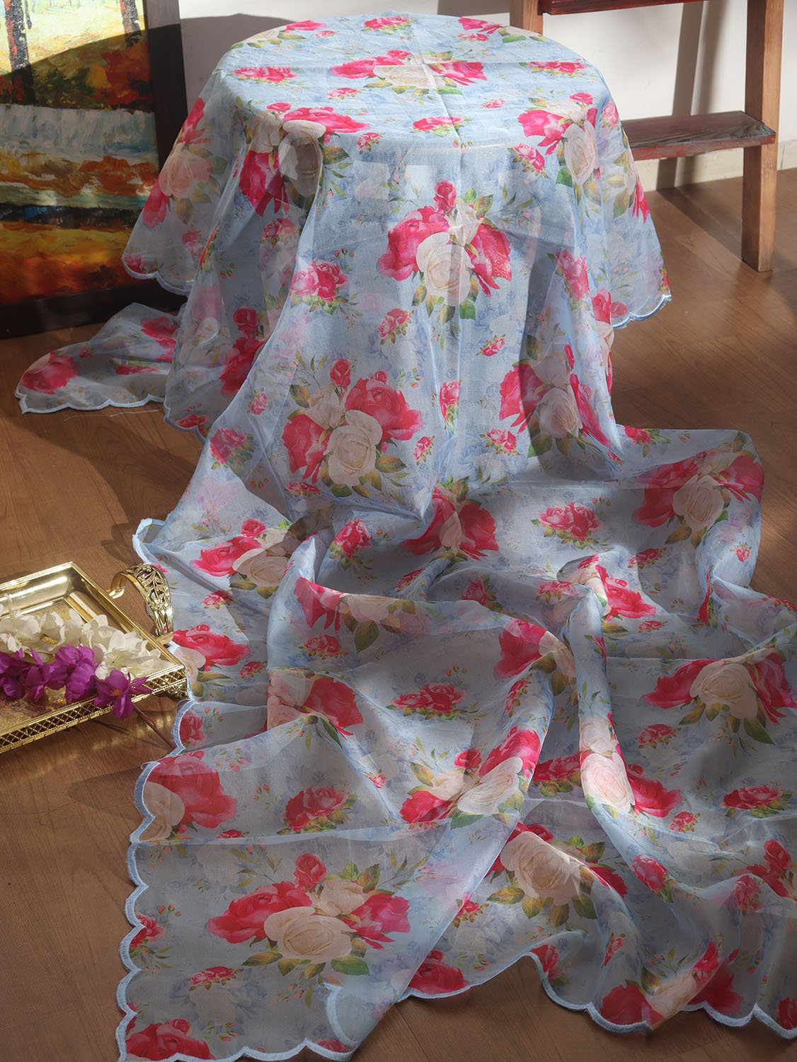 Blue Digital Printed Organza Silk Dupatta With Scalloped Border - Luxurion World