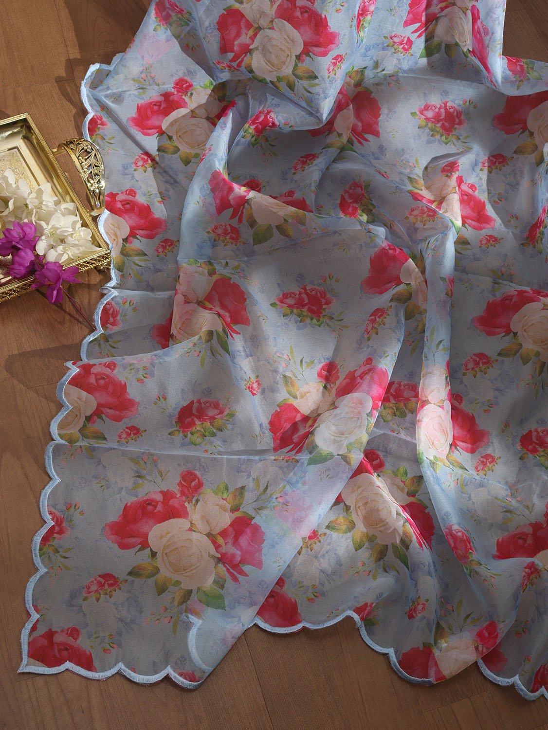 Blue Digital Printed Organza Silk Dupatta With Scalloped Border - Luxurion World