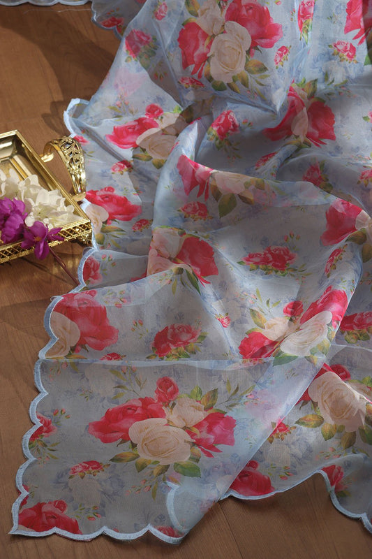 Blue Digital Printed Organza Silk Dupatta With Scalloped Border - Luxurion World