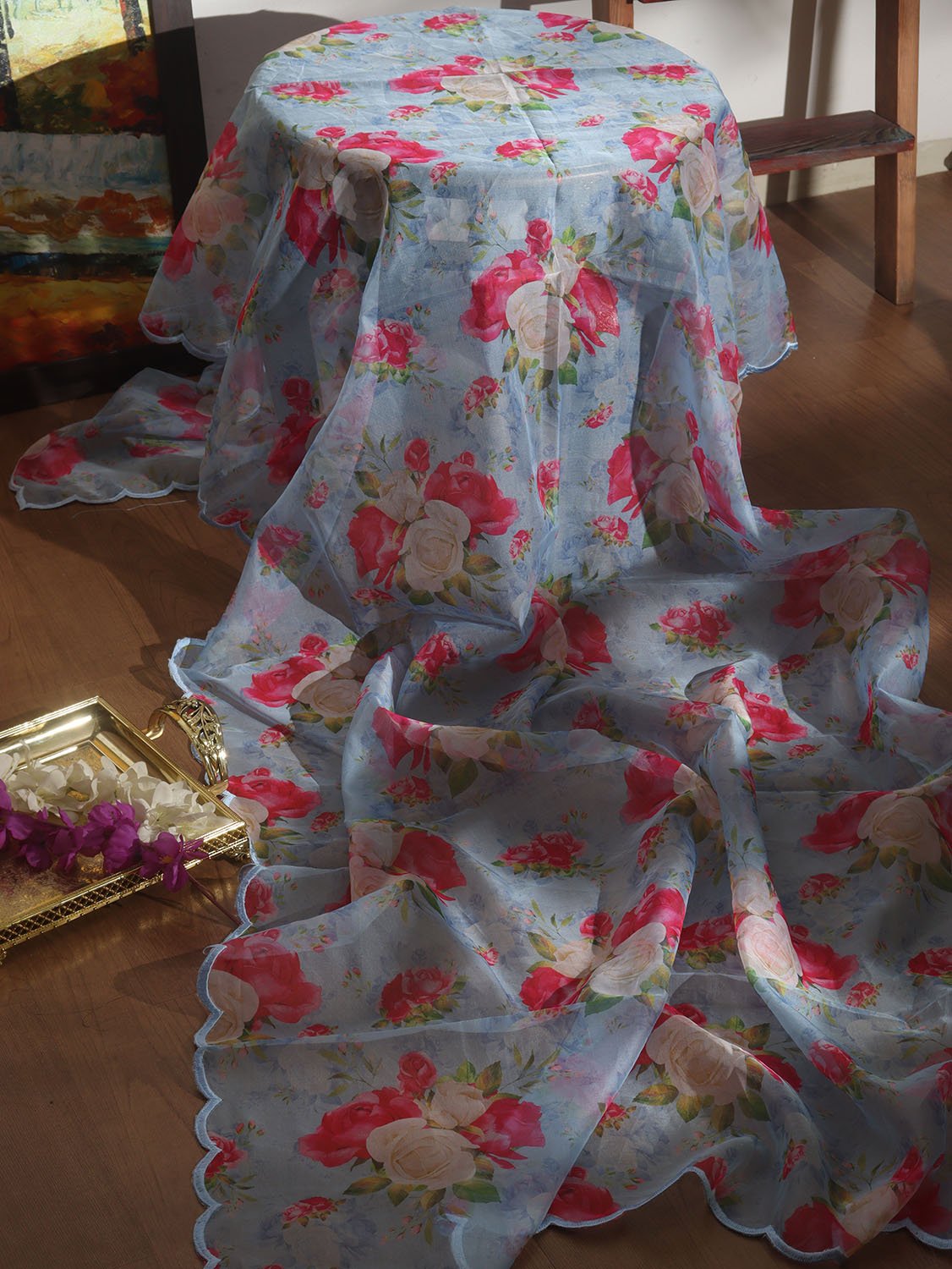 Blue Digital Printed Organza Silk Dupatta With Scalloped Border - Luxurion World