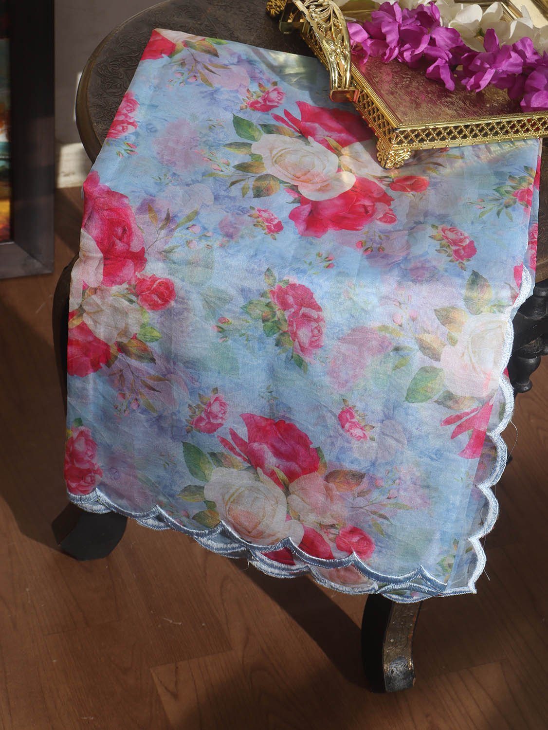 Blue Digital Printed Organza Silk Dupatta With Scalloped Border - Luxurion World
