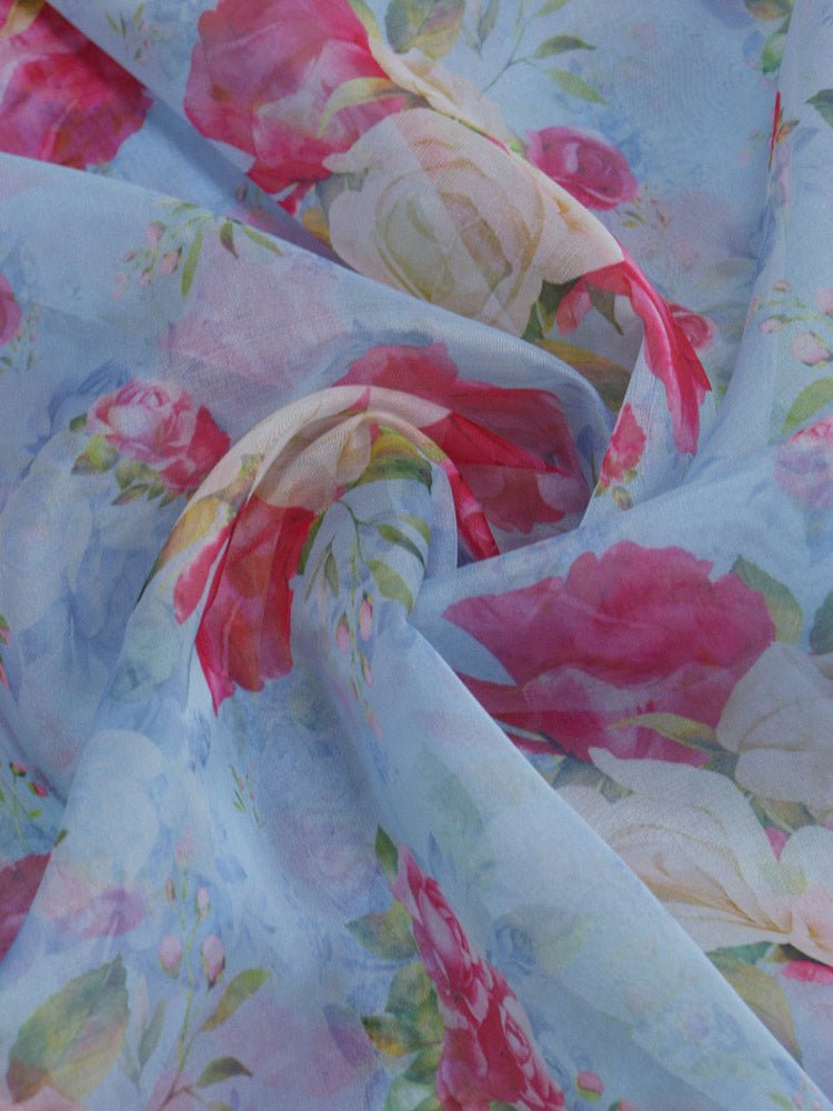 Blue Digital Printed Organza Silk Floral Design Fabric ( 1 Mtr ) - Luxurion World