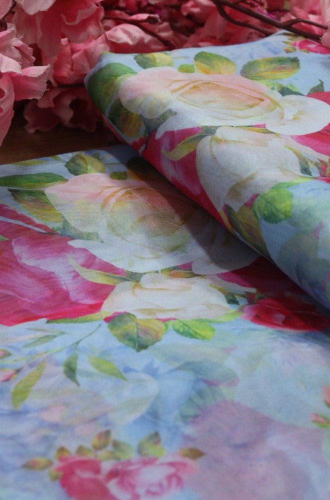 Blue Digital Printed Organza Silk Floral Design Fabric ( 1 Mtr )