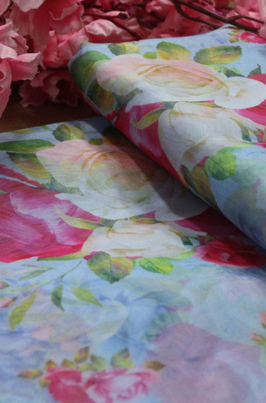 Blue Digital Printed Organza Silk Floral Design Fabric ( 1 Mtr ) - Luxurion World