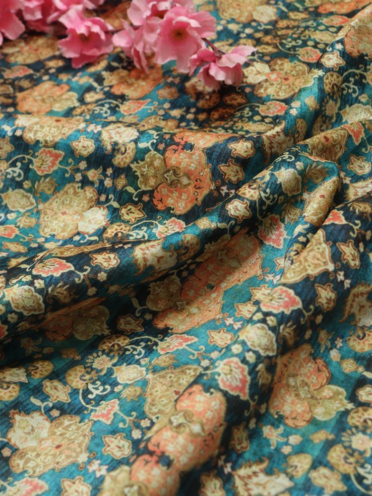 Blue Digital Printed Tussar Silk Fabric (1 Mtr)