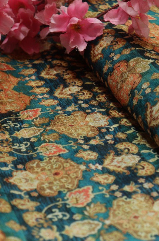 Blue Digital Printed Tussar Silk Fabric (1 Mtr) - Luxurion World