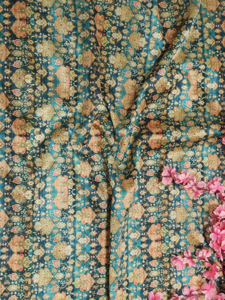 Blue Digital Printed Tussar Silk Fabric (1 Mtr) - Luxurion World